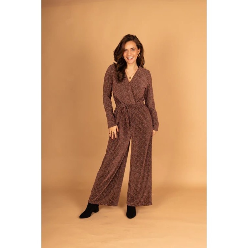 (A9) Unbranded Metallic Shimmer Wide Leg Wrap Jumpsuit Bronze Rose Gold M - L